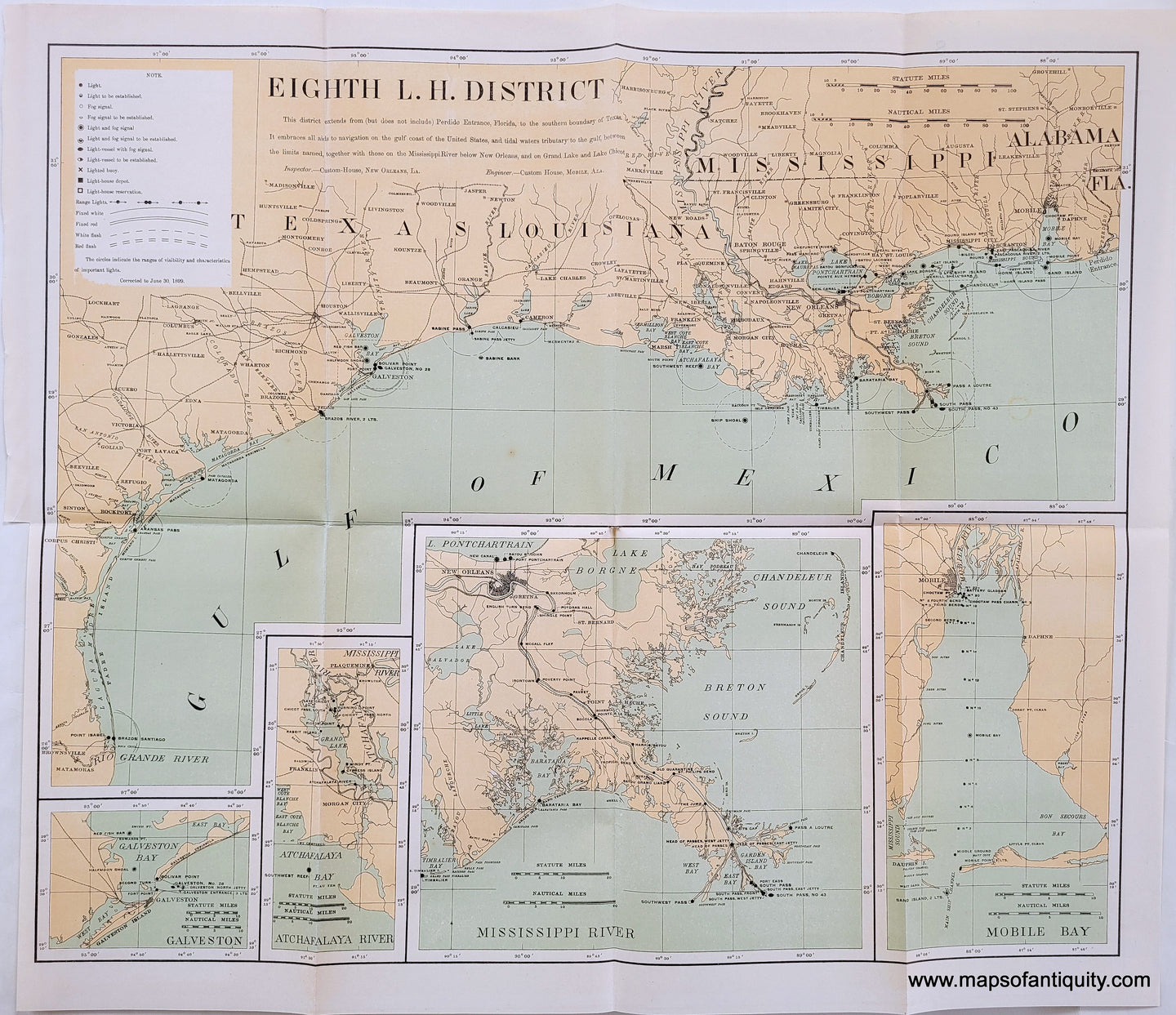 Genuine Antique Printed Color Map-Eighth L.H. District (Lighthouses of the Gulf of Mexico)-1899-U.S. Light-House Service-Maps-Of-Antiquity