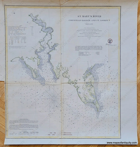 Genuine-Antique-Coast-Survey-Chart-St-Mary's-River,-Cornfield-Harbor-and-Pt.-Lookout,-Maryland-1859-US-Coast-Survey-Maps-Of-Antiquity
