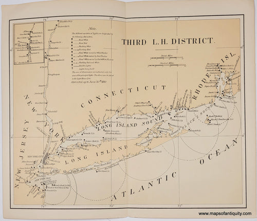 Small antique chart centered on Long Island showing lighthouses, light ships, etc along the coast from northern New Jersey to Rhode Island and up the Hudson River. Original printed color- land is an antique yellow tan and water is a subtle grey.