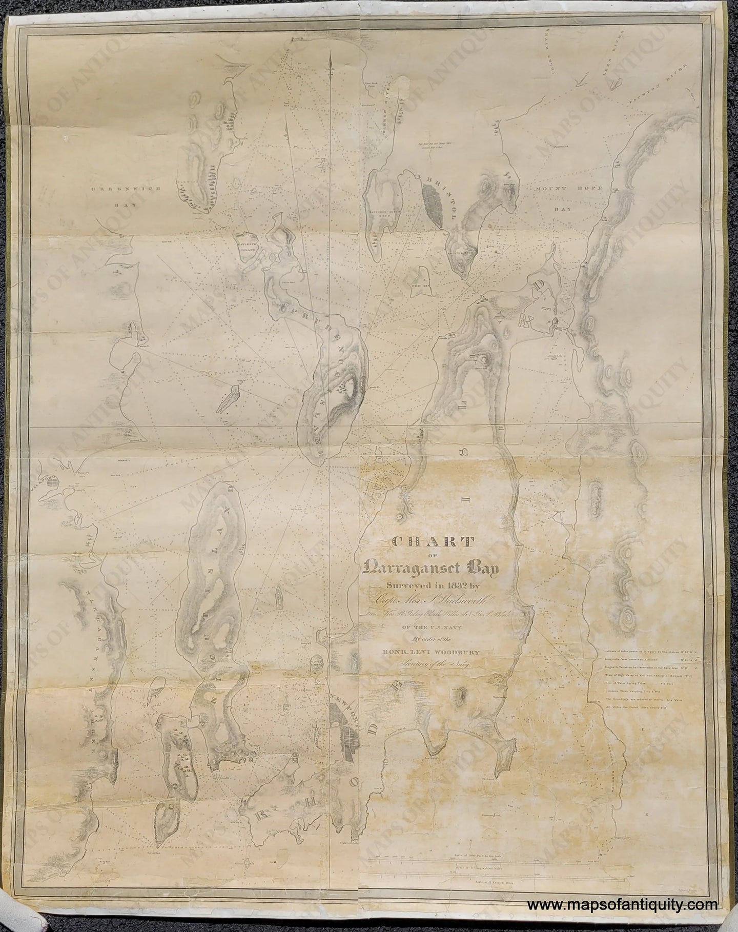 1832 - Rare Chart Of Narragansett Bay Surveyed In By Capt. Alex. S. Wadsworth Lieut. Thos. R.