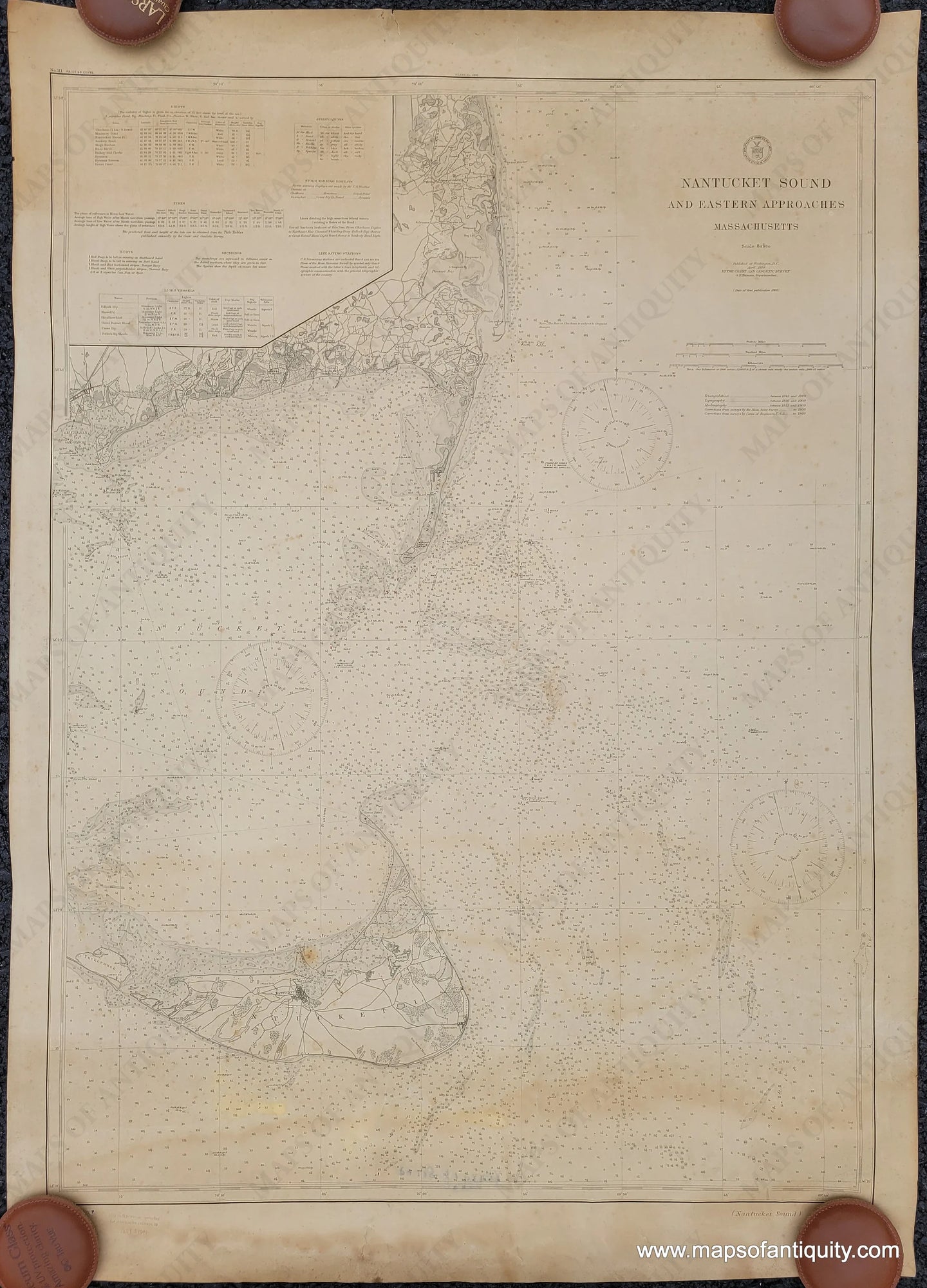 Antique nautical sailing chart of Nantucket and Chatham Massachusetts from 1910 with depths and navigation information uncolored. Maps of Antiquity