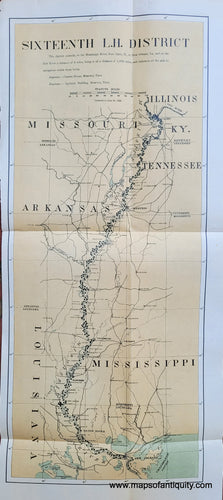 Antique map of the southern part of the Mississippi River. Antique tones of green-blue in the water and yellow-tan on the land. Many towns 