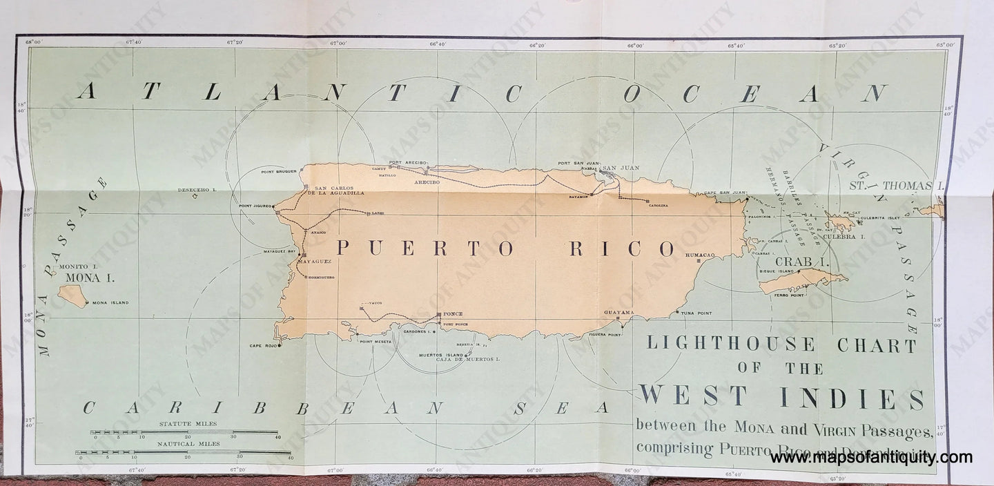 NAU418-Genuine-Antique-Chart-Puerto-Rico-Third-L-H-Subdistrict-West-Indies-between-the-Mona-and-Virgin-Passages-comprising-Porto-Rico-1899-U-S-Light-House-Service