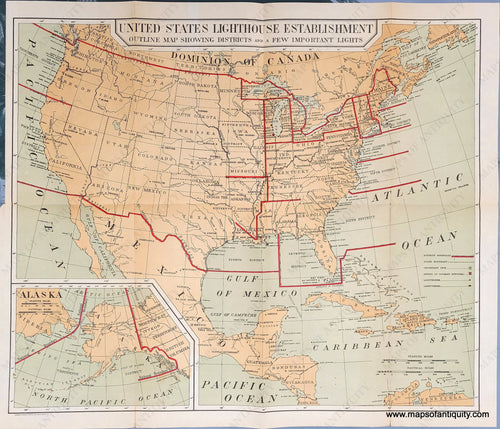 Genuine-Antique-Chart-United-States-Lighthouse-Establishment-Outline-Map-Showing-Districts-and-a-Few-Important-Lights-1900-U-S-Light-House-Service-Maps-Of-Antiquity