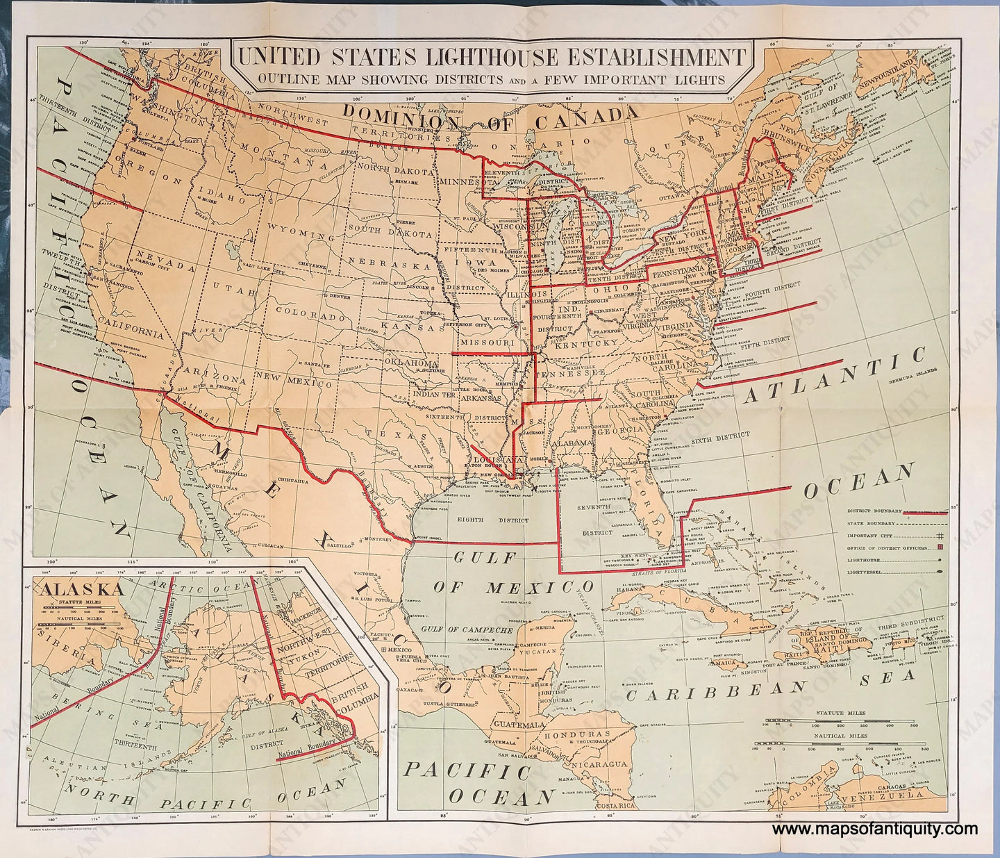 Genuine-Antique-Chart-United-States-Lighthouse-Establishment-Outline-Map-Showing-Districts-and-a-Few-Important-Lights-1900-U-S-Light-House-Service-Maps-Of-Antiquity