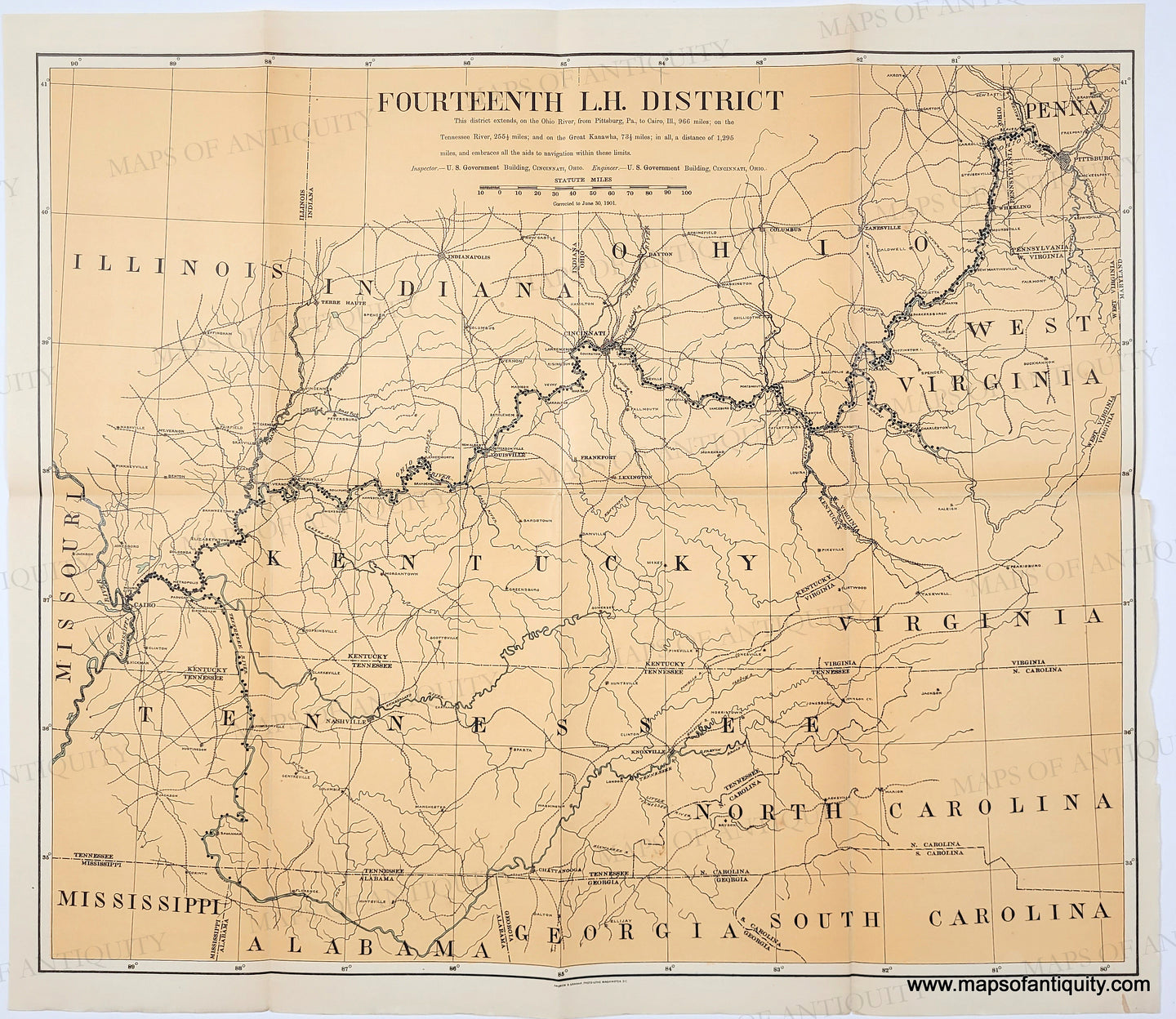 Antique map of the Fourteenth Lighthouse District in the United States, along the ohio river showing states like Illinois, Indiana, Kentucky, west virginia, and Tennessee. Tan coloring. Genuine-Antique-Chart-Fourteenth-L-H-District---Ohio-River-1901-U-S-Light-House-Service-Maps-Of-Antiquity