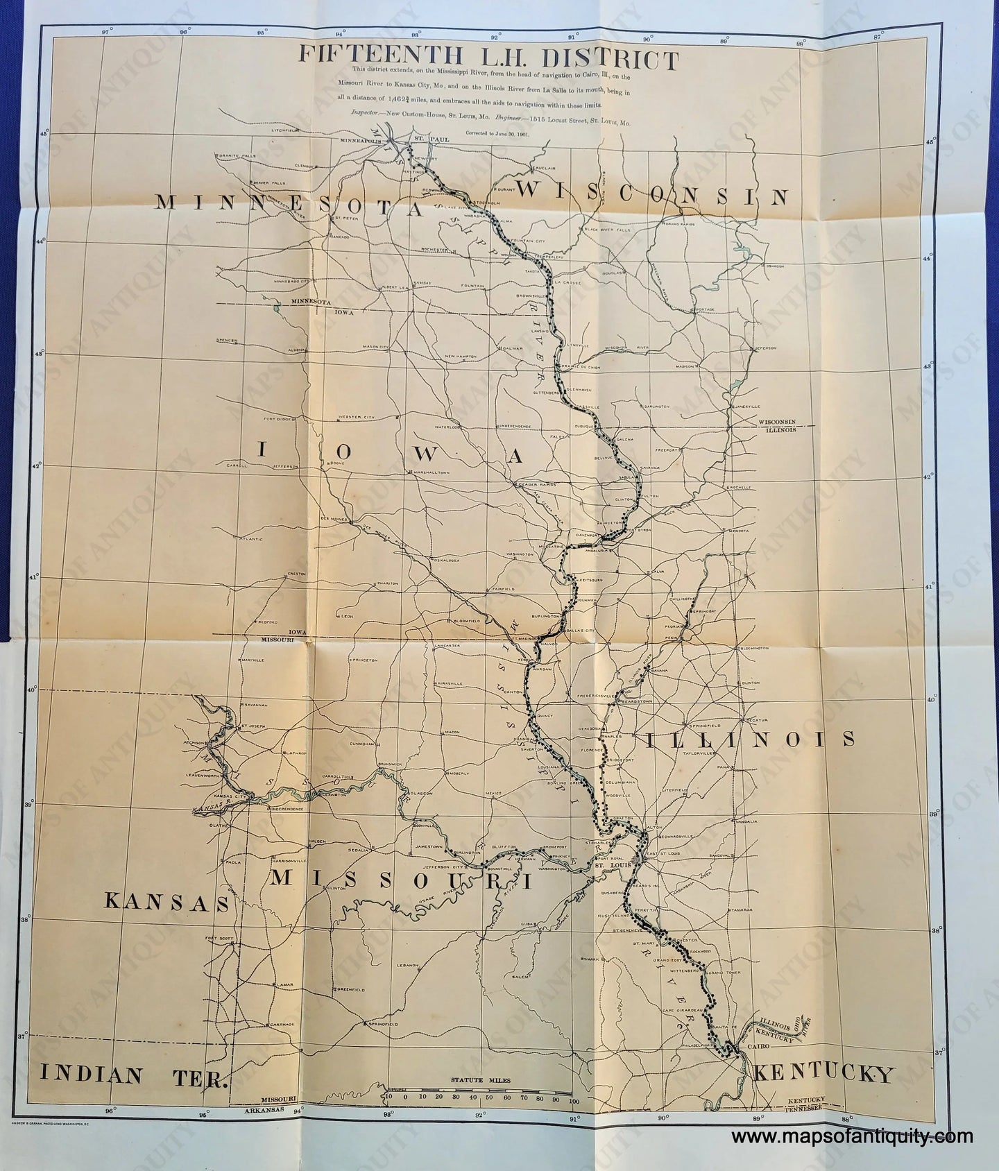 Genuine-Antique-Chart-Fifteenth-L-H-District---Mississippi-River-1901-U-S-Light-House-Service-Maps-Of-Antiquity