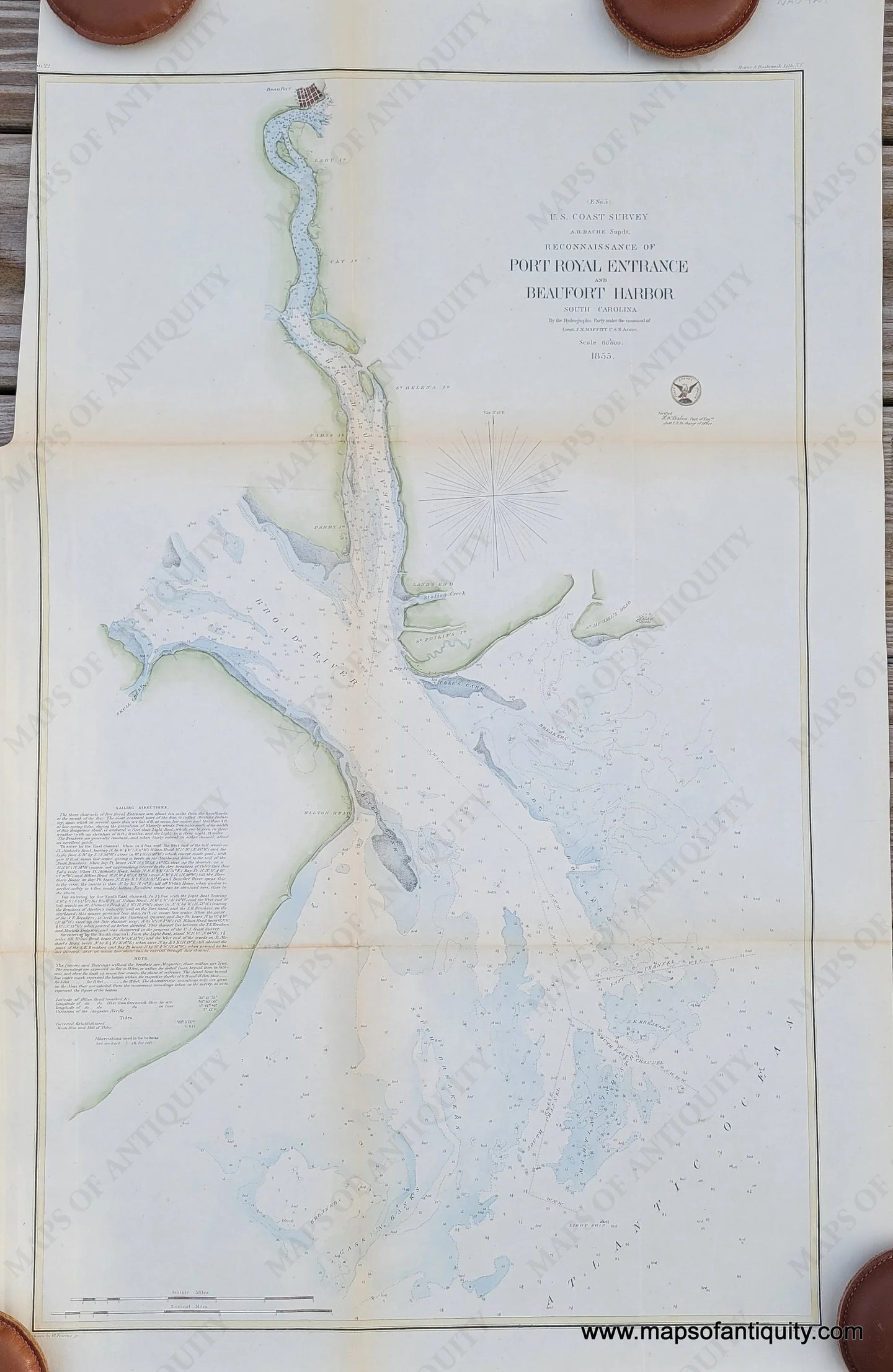 Genuine-Antique-Coast-Survey-Chart-Reconnaissance-of-Port-Royal-Entrance-and-Beaufort-Harbor-South-Carolina-1855-USCS-Maps-Of-Antiquity