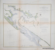 Antique map of St. Andrews Bay with topographic details. Antique map with hand-coloring in tones of brown, green, blue for water, yellow border, brick red for cities/buildings.