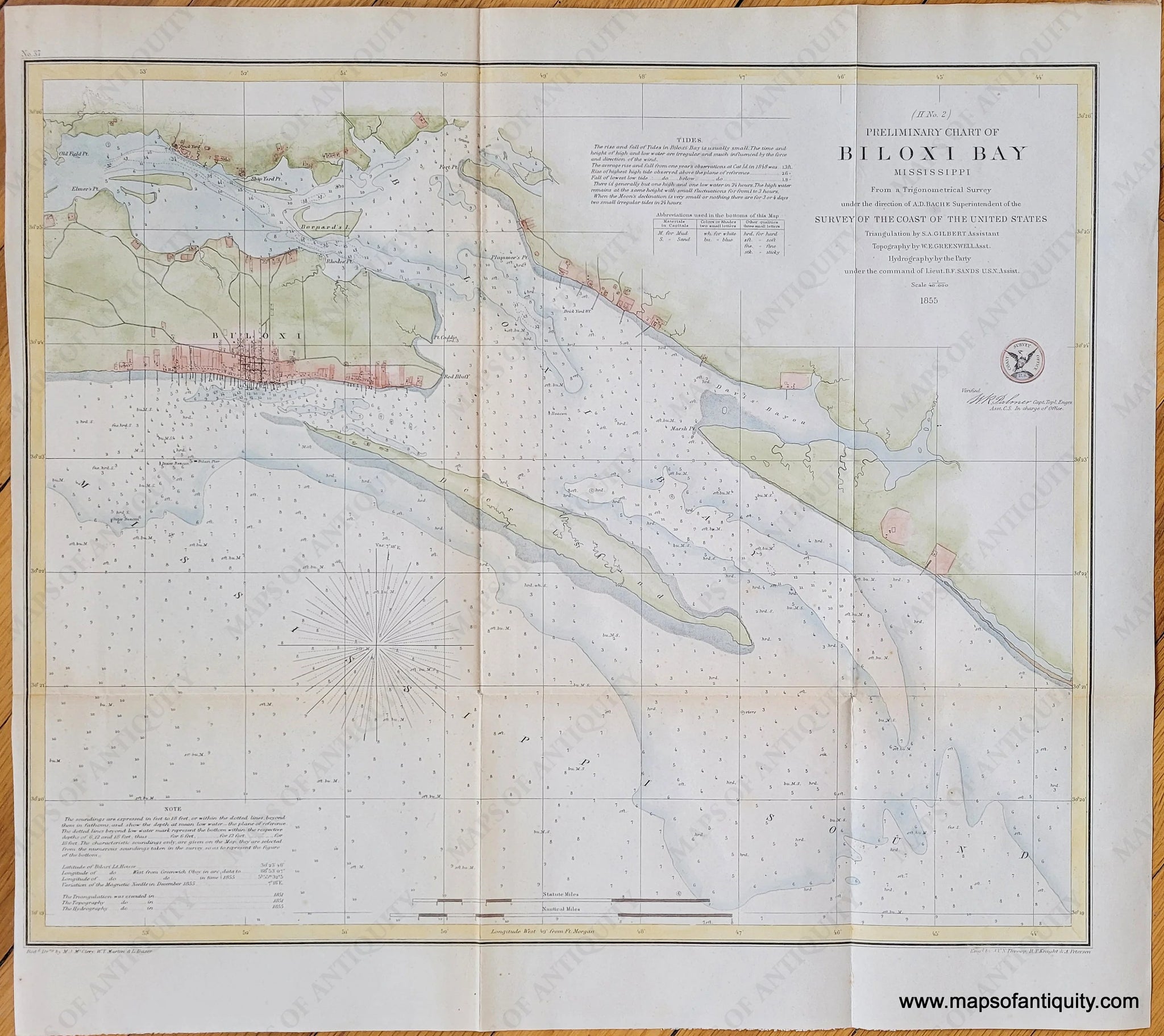 1855 Biloxi Bay Mississippi Ocean Springs Antique Coast Chart Map