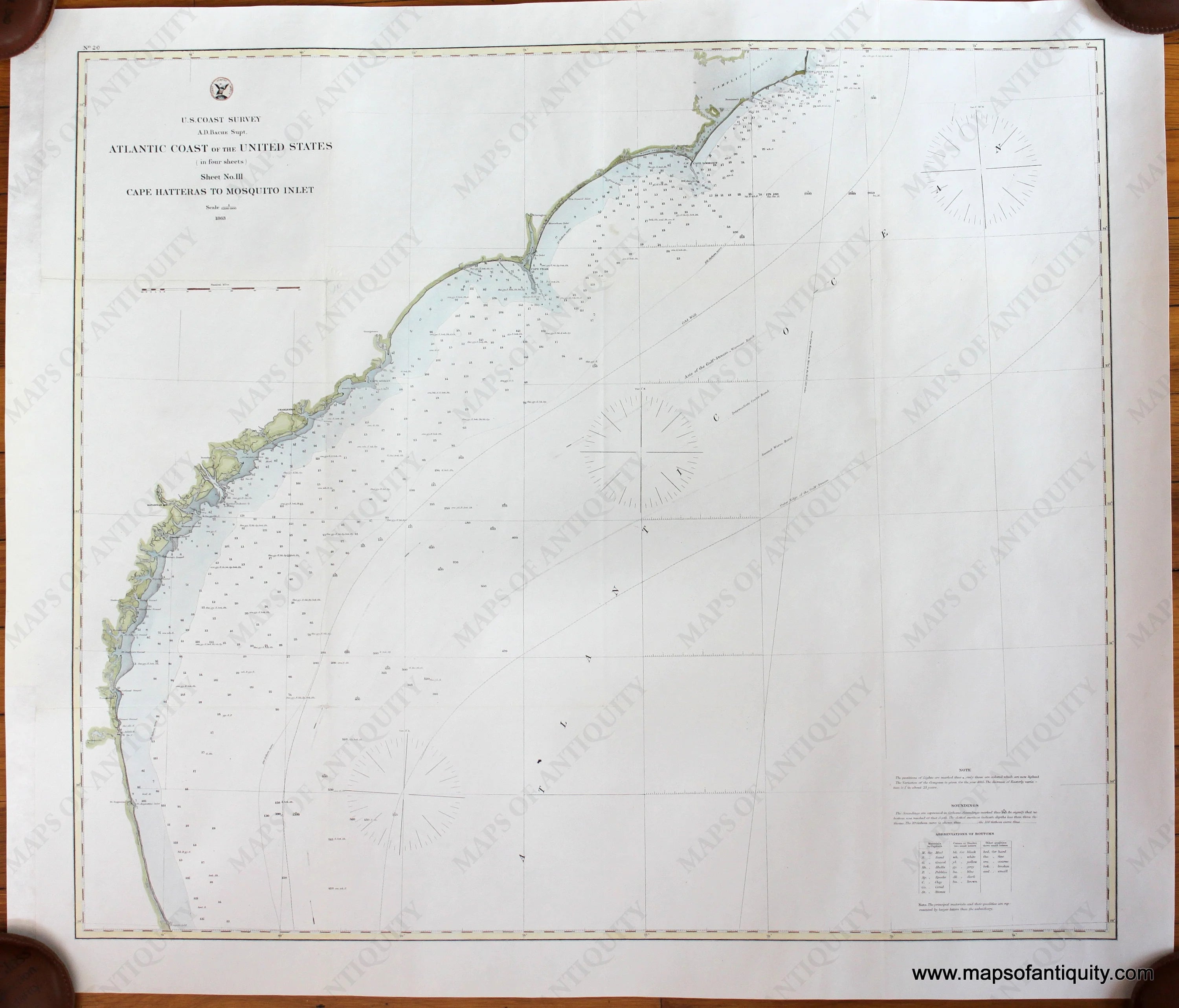 1863 Genuine Antique Survey Chart - NAU448 Genuine Antique Survey Chart Atlantic Coast Of The United States In Four Sheets Sheet No 3 Cape Hatteras To Mosquito Inlet 1863 US Coast Survey Maps Of Antiquity.webp