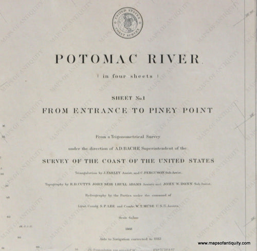 Genuine-Antique-Nautical-Chart-Potomac-River-Sheet-1--From-Entrance-to-Piney-Point-1883-U-S-Coast-Survey--Maps-Of-Antiquity