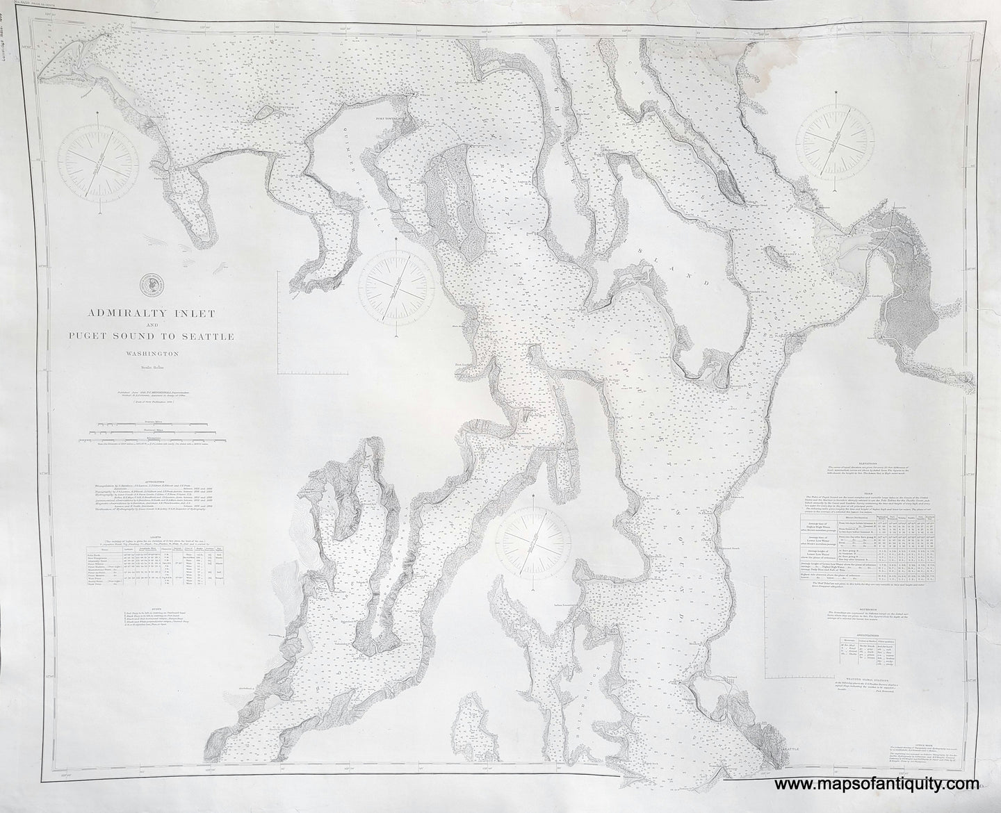 Impressive black and white sailing chart of part of Puget Sound with the vicinity around Seattle, Washington, from 1891. Dynamic image showing the coastline as it was in the late 1800s, before the major fill projects around Seattle.