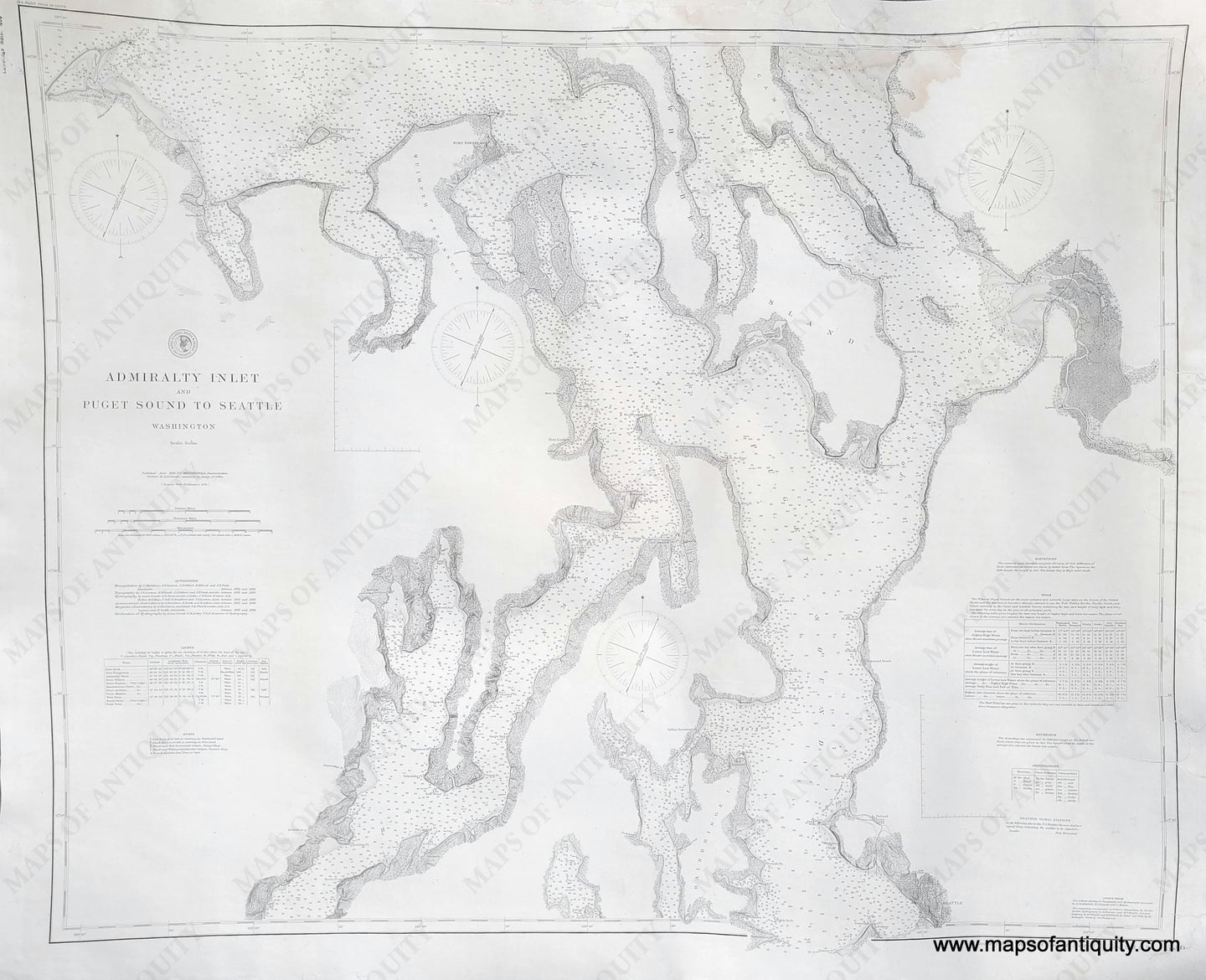 Impressive black and white sailing chart of part of Puget Sound with the vicinity around Seattle, Washington, from 1891. Dynamic image showing the coastline as it was in the late 1800s, before the major fill projects around Seattle.