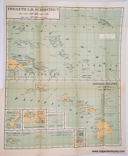 Two antique charts related to Hawaii in antique tones of orange tan for the land and subtle blue-green for the water. Five smaller inset maps of Guam, Samoa, Honolulu etc are nestled beneath Hawaii