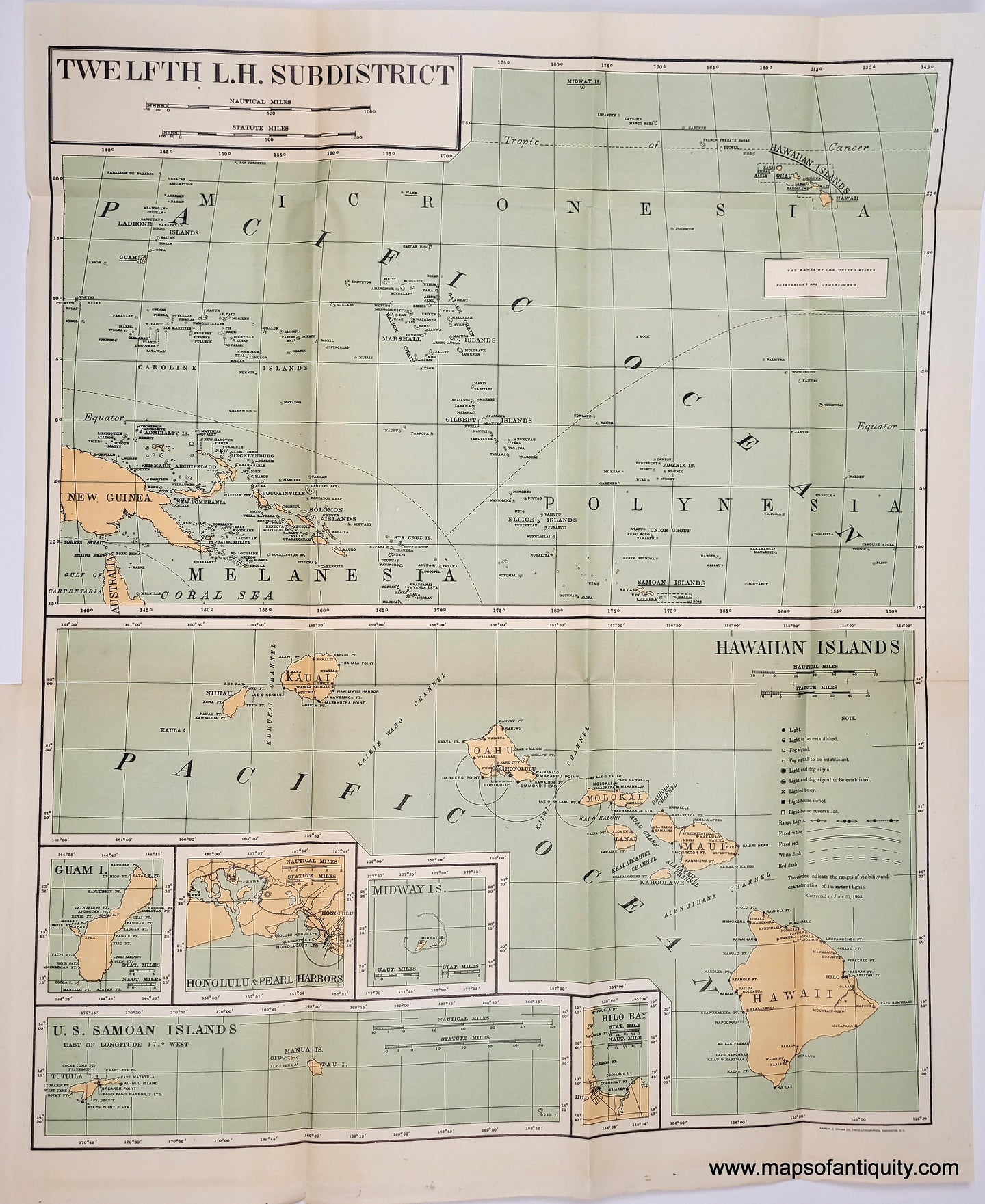 Two antique charts related to Hawaii in antique tones of orange tan for the land and subtle blue-green for the water. Five smaller inset maps of Guam, Samoa, Honolulu etc are nestled beneath Hawaii