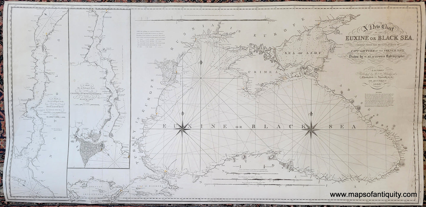 Antique black and white chart of the Black Sea with Crimea and Constantinople. 
Genuine-Antique-Chart-A-New-Chart-of-the-Euxine-or-Black-Sea-Chiefly-from-the-Recent-Survey-of-Capt-Gauttier-of-the-French-Navy-1833-R---W-Blachford-Maps-Of-Antiquity