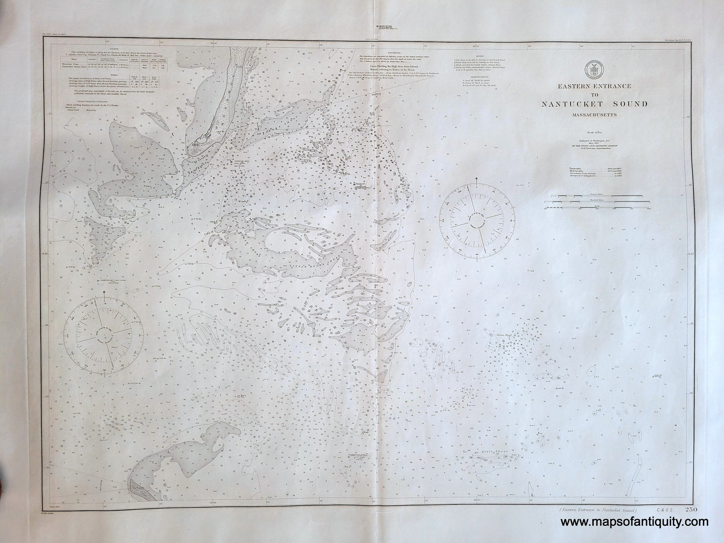 Antique black and white sailing chart showing the waters between Chatham and Nantucket with navigational information Genuine-Antique-Chart-Eastern-Entrance-to-Nantucket-Sound-1913-US-Coast-Geodetic-Survey-Maps-Of-Antiquity