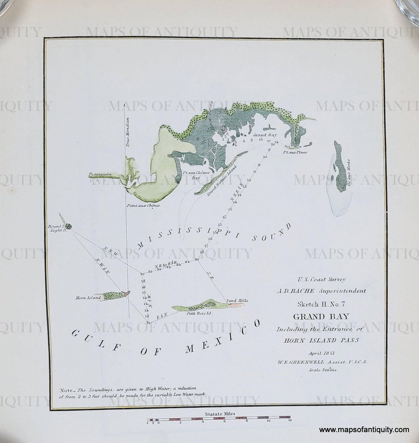 Genuine-Antique-Chart-Sketch-H-No-7-Grand-Bay-including-the-Entrance-of-Horn-Island-Pass-Mississippi--1851-USCS-Maps-Of-Antiquity