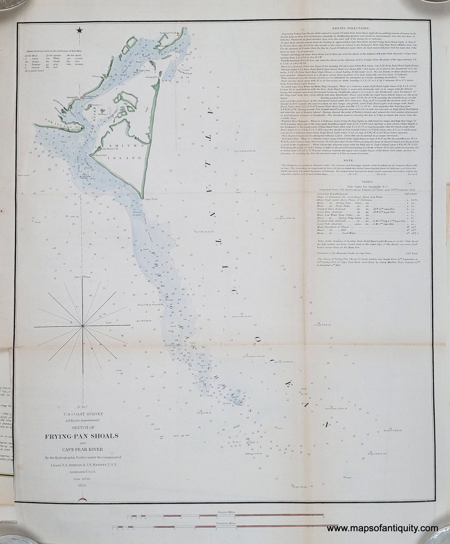 ANtique chart showing Frying Pan SHoals off the coast of Cape Fear, North Carolina. Hand colored with green coast and blue water.