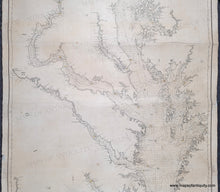 Load image into Gallery viewer, Large Antique sailing chart of Chesapeake Bay with water depths, cities, coastlines. small spots of original color indicates lighthouses.
