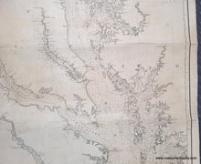 Load image into Gallery viewer, Large Antique sailing chart of Chesapeake Bay with water depths, cities, coastlines. small spots of original color indicates lighthouses.
