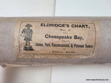 Load image into Gallery viewer, Back label on rolled chart. Large Antique sailing chart of Chesapeake Bay with water depths, cities, coastlines. small spots of original color indicates lighthouses.
