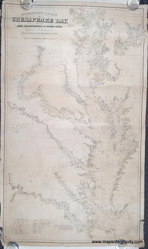 Large Antique sailing chart of Chesapeake Bay with water depths, cities, coastlines. small spots of original color indicates lighthouses.