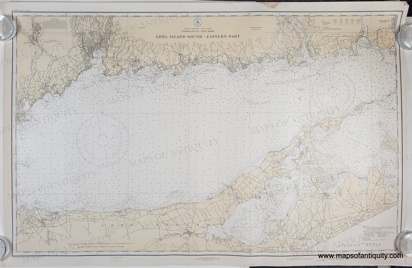 Antique map of Long Island Sound and Connecticut coast with original color yellow-tan for land