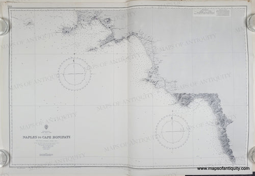 Black and white chart with small bits of color to indicate lighthouses/buoys. Old-Original-vintage-nautical-sailing-chart-1894-1973-Mediterranean-Italy-West-Coast-Naples-to-Cape-Bonifati-From-Italian-Government-Surveys-1883-8-genuine-Chart