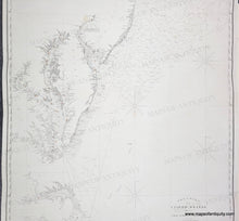 Load image into Gallery viewer, antique sailing chart of the coast of the US from North Carolina up to Block Island Rhode Island. With water depths, rivers, bays, harbors. Red and yellow dots indicate lighthouses. Clean black and white look. authentic antique
