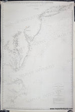 Load image into Gallery viewer, antique sailing chart of the coast of the US from North Carolina up to Block Island Rhode Island. With water depths, rivers, bays, harbors. Red and yellow dots indicate lighthouses. Clean black and white look. authentic antique
