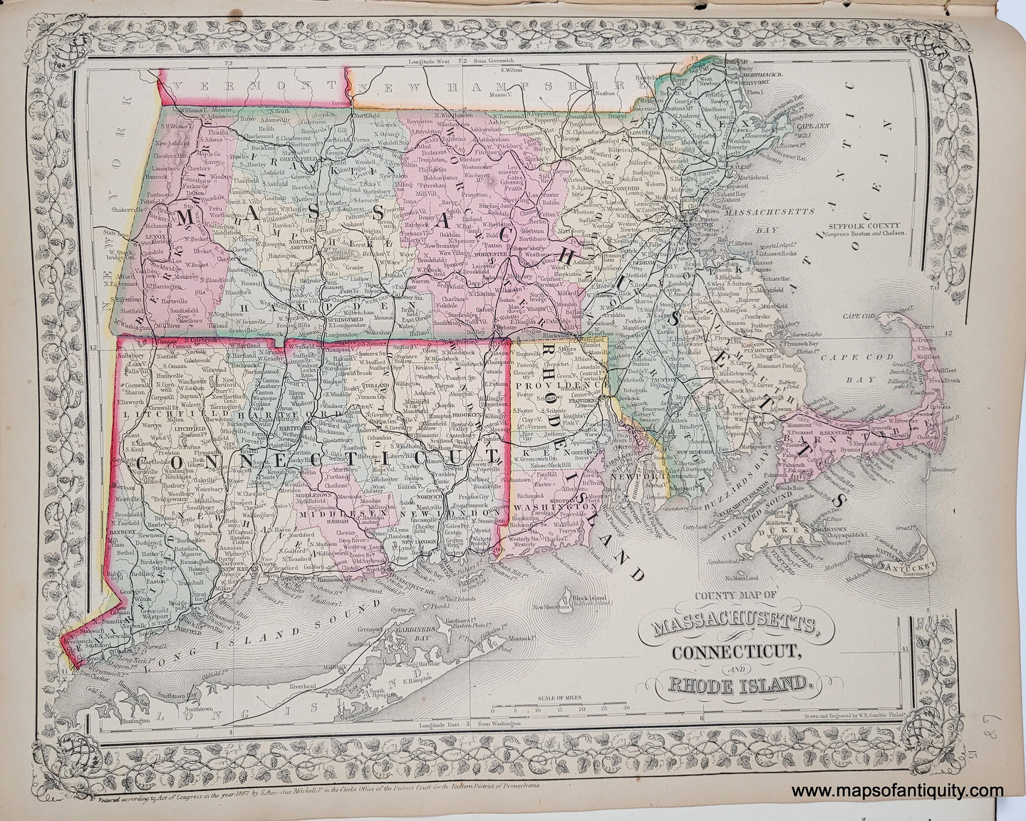 Antique map of Massachusetts, Rhode Island, and Connecticut, colored by county in antique tones of pink, yellow, and green.