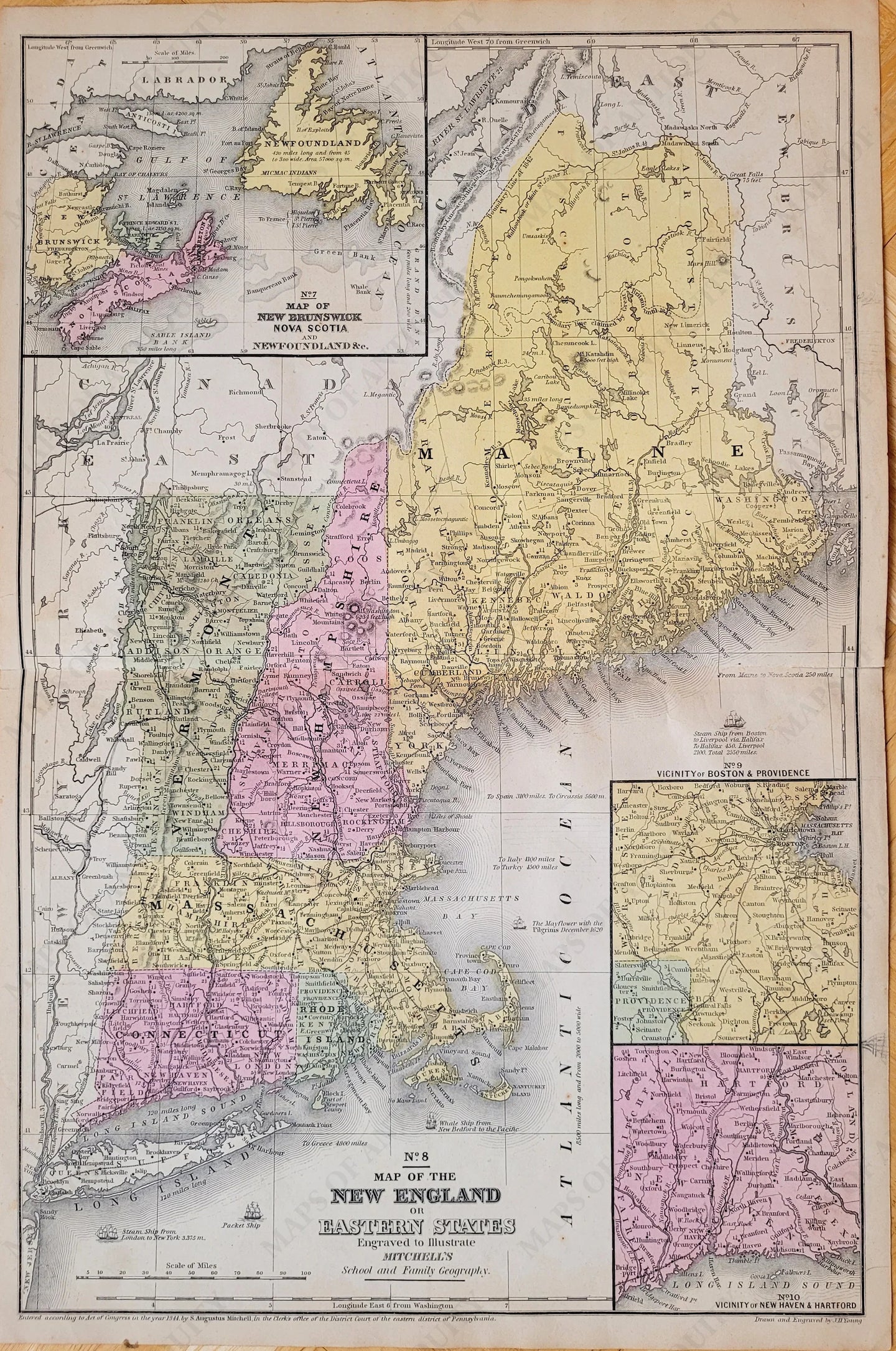 Antique-Map-New-England-Eastern-States-Mitchell-1852-1850s-1800s-19th-century-Maps-of-Antiquity colored by states in pale antique colors