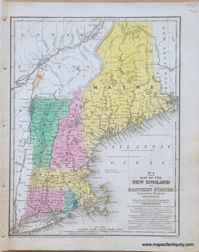 Antique-Map-New-England-Eastern-States-Mitchell-1839-1830s-1800s-19th-century-Maps-of-Antiquity colored by states in vibrant antique colors