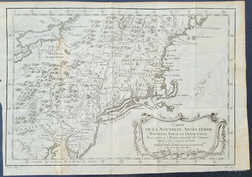 Antique-Map-Massachusetts-Maine-New-Hampshire-Connecticut-Rhode-Island-New-York-New-Jersey-Pennsylvania-Carte-de-la-Nouvelle-Angleterre-Nouvelle-Yorck-et-Pensilvanie.-Pour-servir-a-l'Histoire-Generale-des-Voyages-1757-Bellin-Maps-of-Antiquity