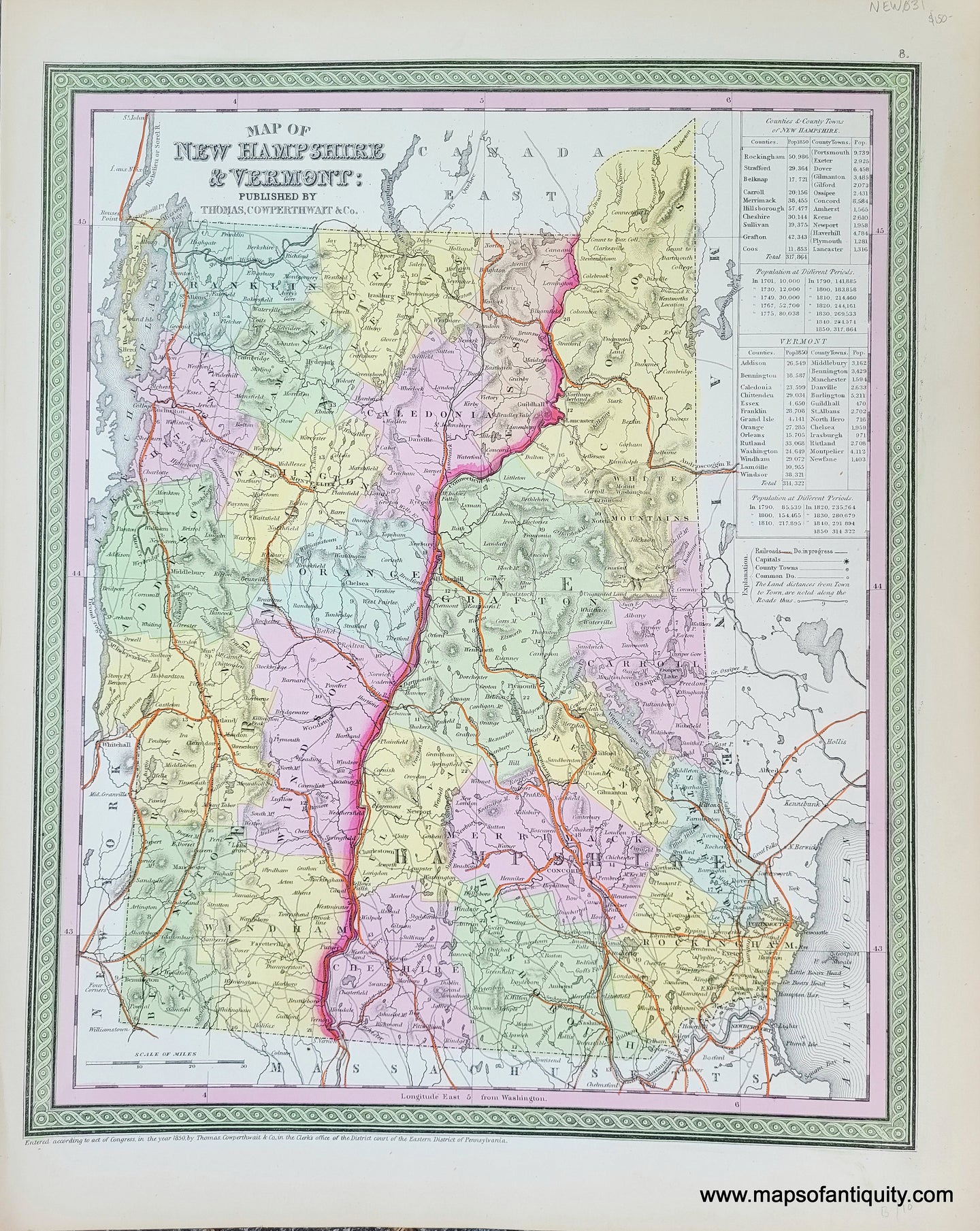 Antique-Hand-Colored-Map-Map-of-New-Hampshire-and-Vermont.-United-States-Northeast-1850-Mitchell/Cowperthwait-Desilver-&-Butler-Maps-Of-Antiquity