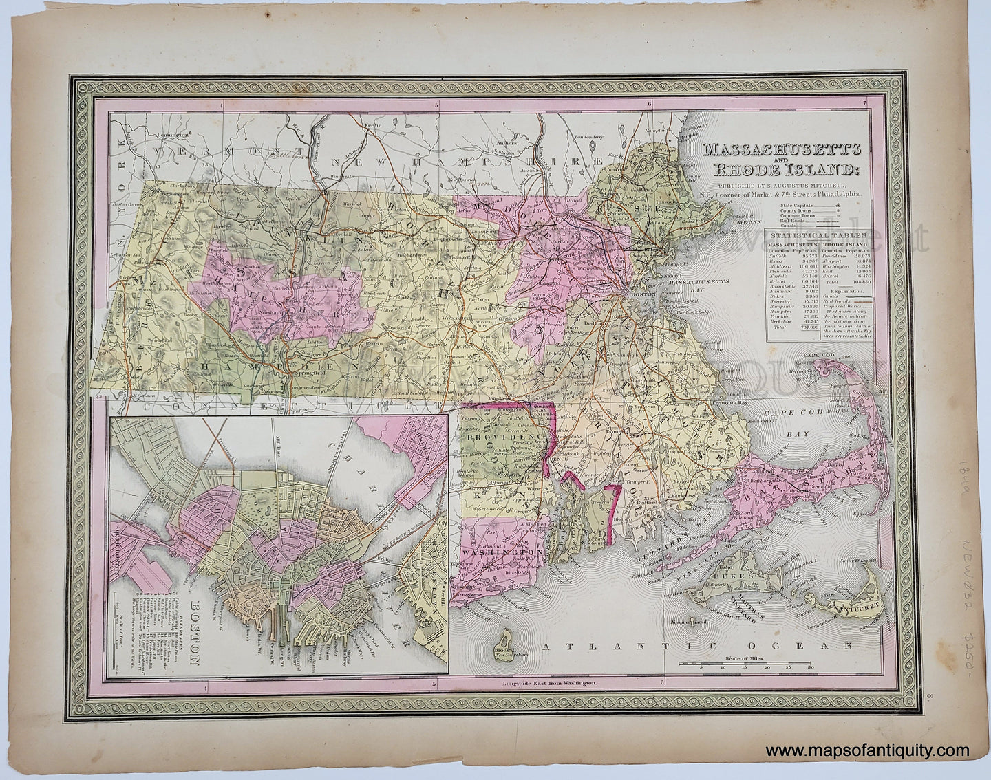 Antique Map with original hand-coloring in tones of green, yellow, peach, and pink. 
Antique-Hand-Colored-Map-Map-of-Massachusetts-and-Rhode-Island-United-States-Northeast-1849-Mitchell-Maps-Of-Antiquity