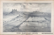 Black and white print of a view with several grand hotels in the distance, beaches, sailboats, horse-drawn carriages, and houses