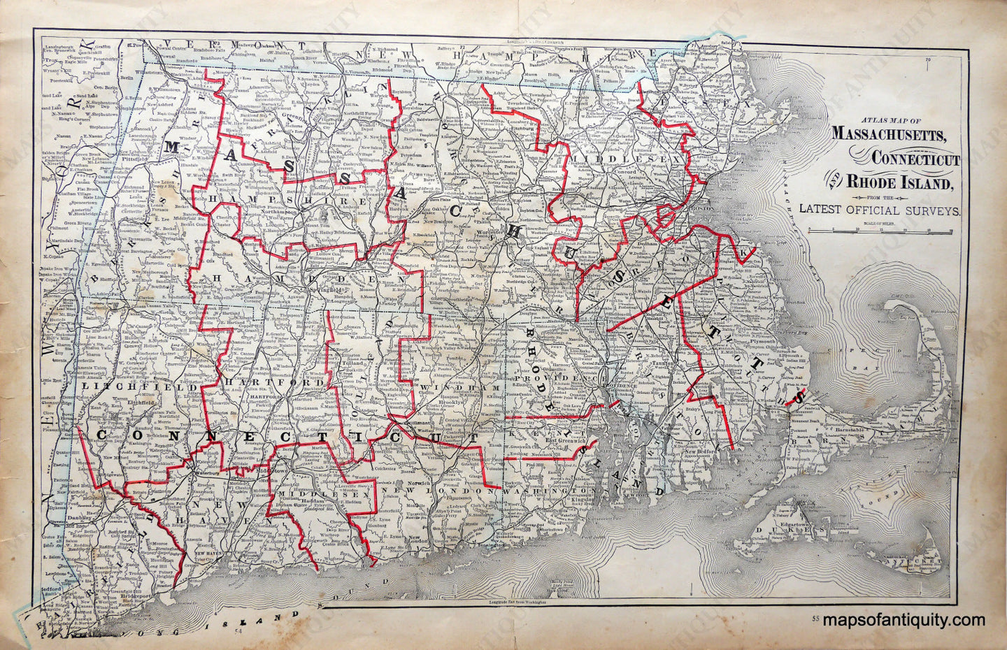 Printed-Color-Antique-Map-Atlas-Map-of-Massachusetts-Connecticut-and-Rhode-Island-United-States--c.-1891-Cram-Maps-Of-Antiquity