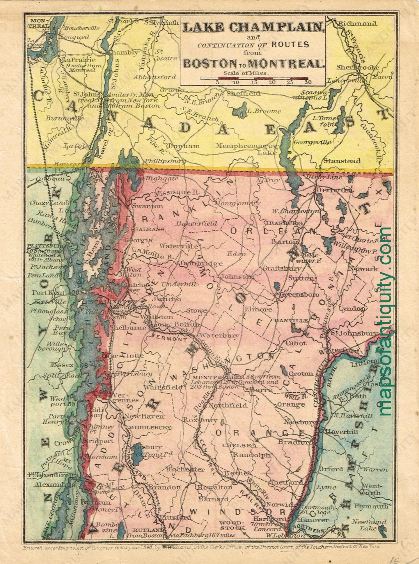 Antique-Hand-Colored-Map-Lake-Champlain-and-Continuation-of-Routes-from-Boston-to-Montreal-New-England--1848-W.-Williams-Maps-Of-Antiquity