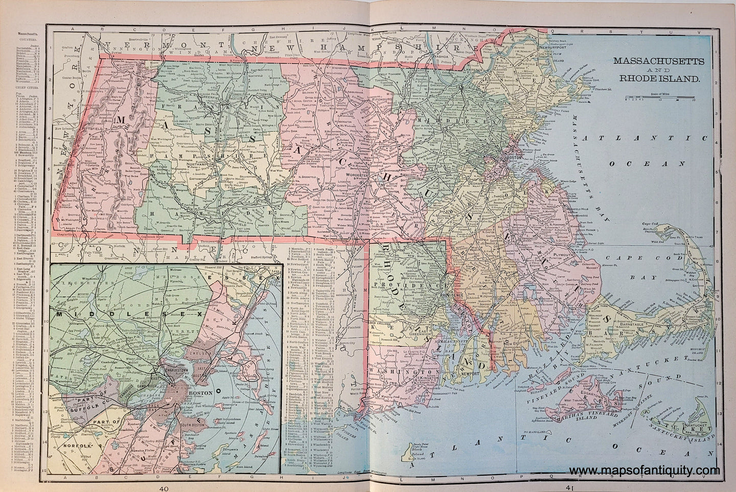 Antique map with vibrant original printed color Massachusetts, Boston, Rhode Island, by Cram, 1900.