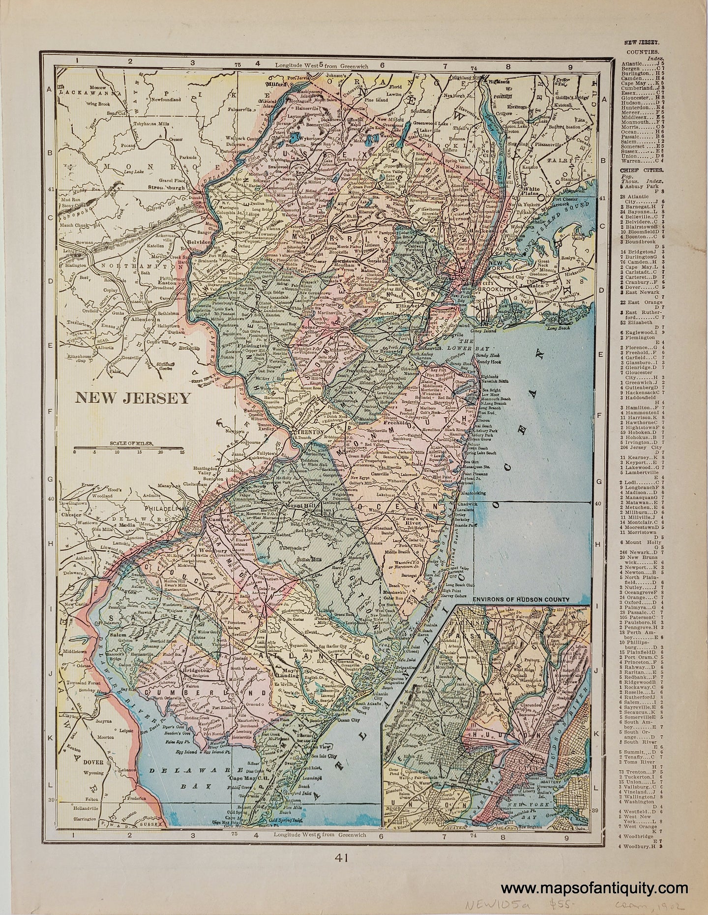 Antique map with vibrant original printed color New Jersey by Cram, 1902.