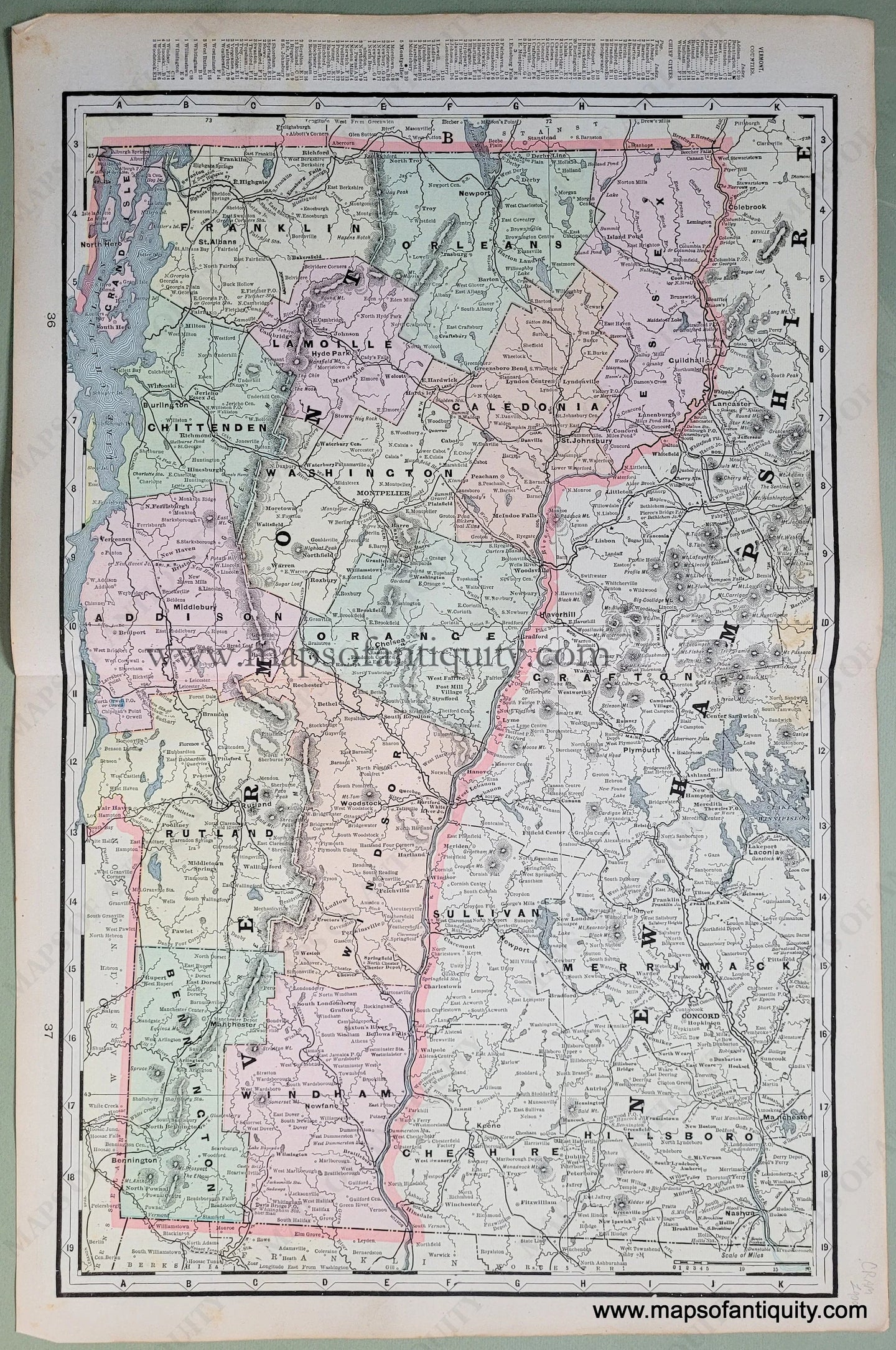 Antique-Printed-Color-Map-Vermont-verso:-Map-of-the-White-Mountains-(New-Hampshire)-and-Map-of-The-Adirondack-Mts.-and-Map-of-the-City-of-Lowell-Massachusetts-and-Map-of-The-City-of-Lynn-Massachusetts-United-States-Northeast-1900-Cram-Maps-Of-Antiquity