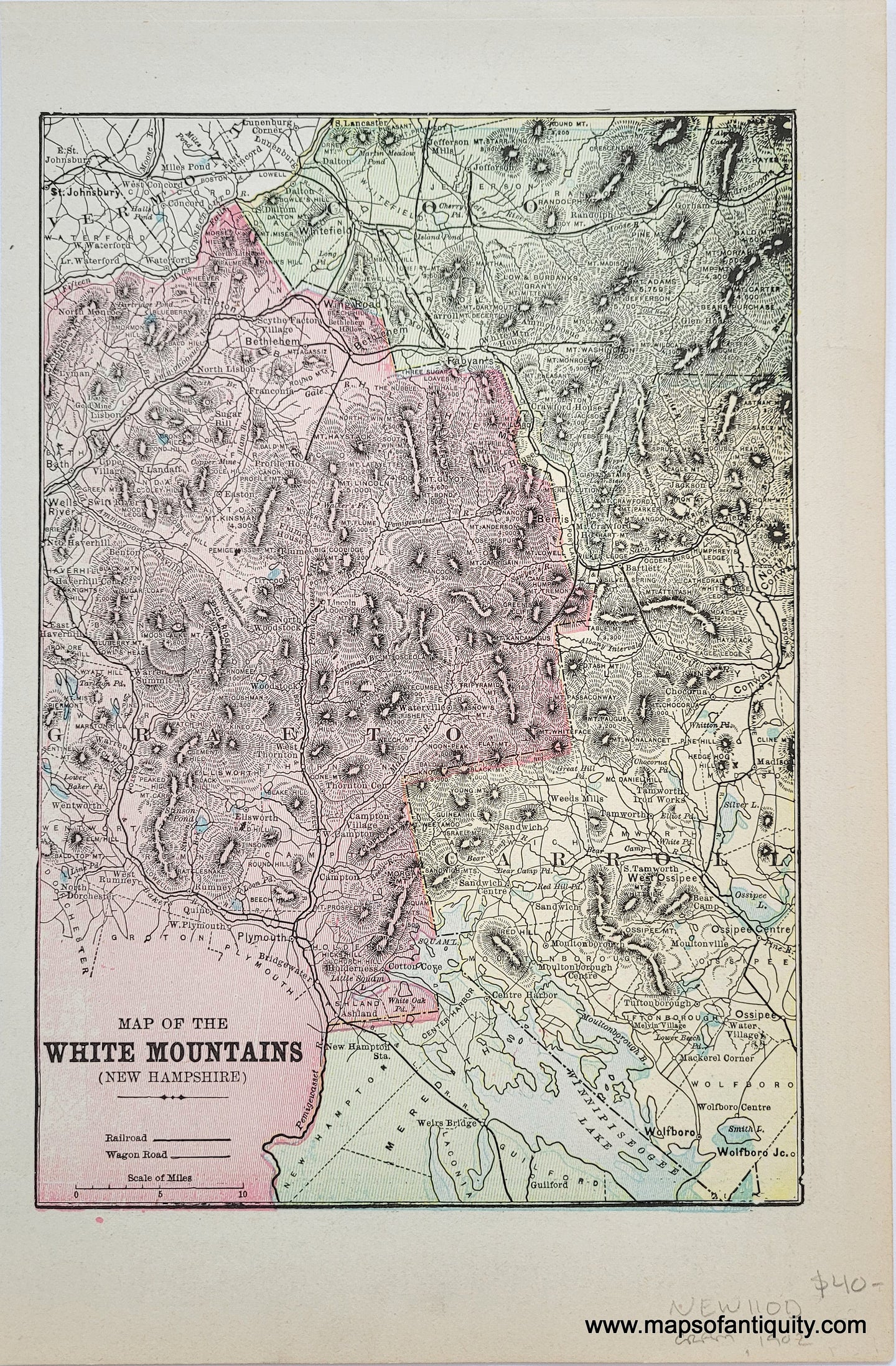 Antique-Printed-Color-Map-of-The-White Mountains New Hamnpshire-Northeast-1900-Cram-Maps-Of-Antiquity