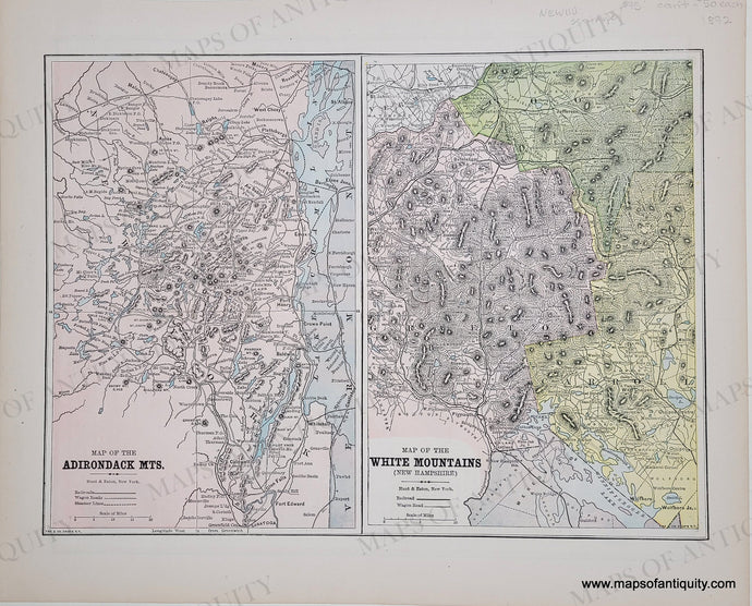 Page with two maps in original printed-colors of pink, yellow, purple/grey, and blue for lakes.