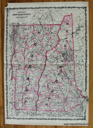 Antique-Hand-Colored-Map-Johnson's-New-Hampshire-and-Vermont-United-States-Northeast-1864-Johnson-and-Ward-Maps-Of-Antiquity