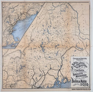 Antique map of northern New Hampshire, Maine, and Canada, featuring pale beige land, blue water bodies, and black cartographic details. A large inset in the upper left shows coastal details to Boston and Cape Cod, and a printed title box in the lower right features the decorative title. The railroads lines of the Boston and Maine Railroad are shown as thick black lines.