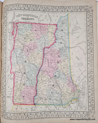 Antique map hand-colored in tones of pink, yellow, green, blue. Colored by county. Vibrant original color.