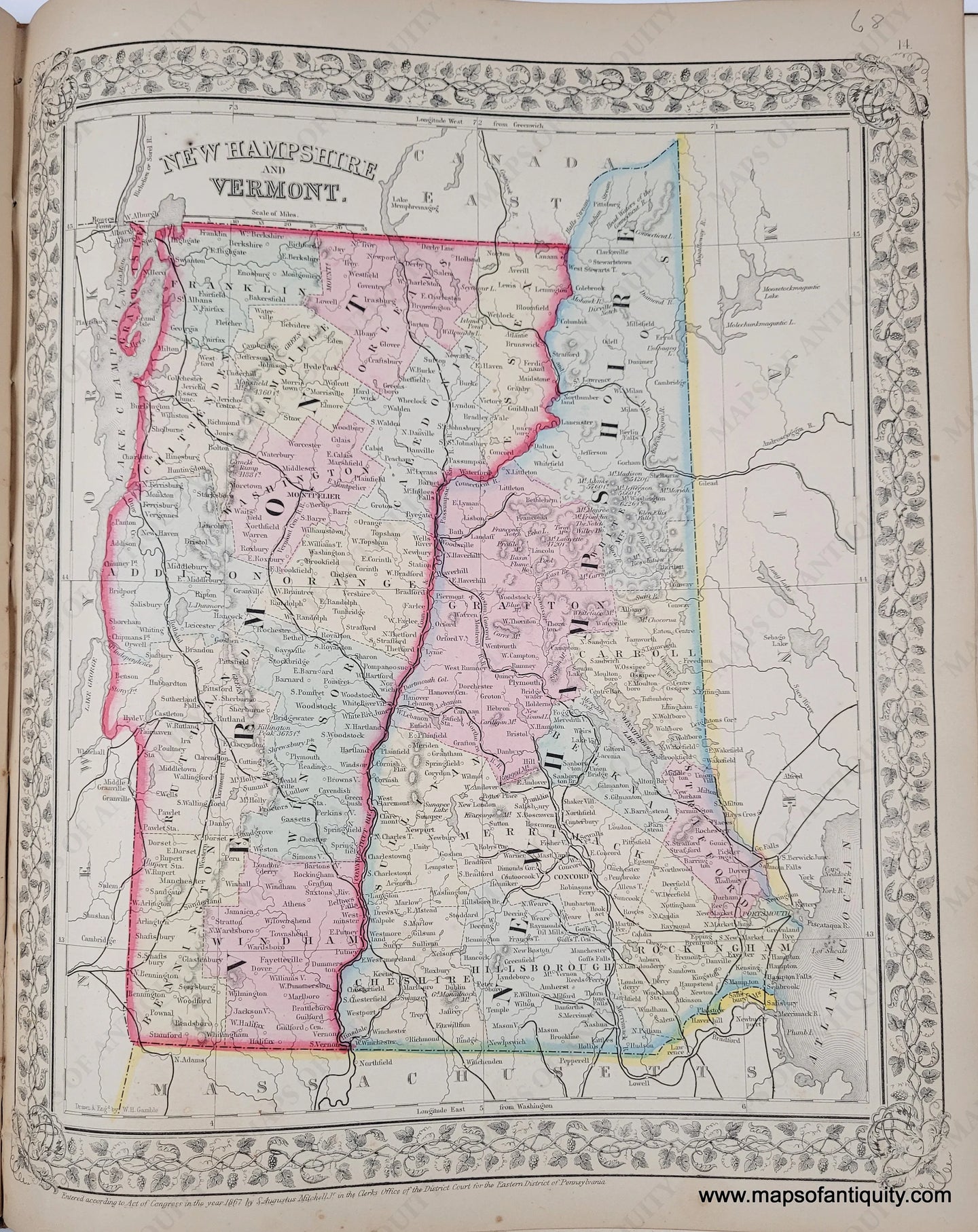 Antique map hand-colored in tones of pink, yellow, green, blue. Colored by county. Vibrant original color.